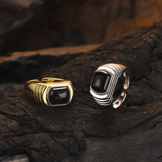 S925 Sterling Silver Heavy Black Onyx Ring